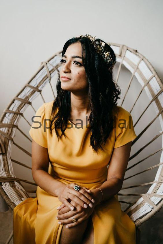 Short Sleeves Yellow Backless Long Simple Elegant Bridesmaid Dresses, WD0461