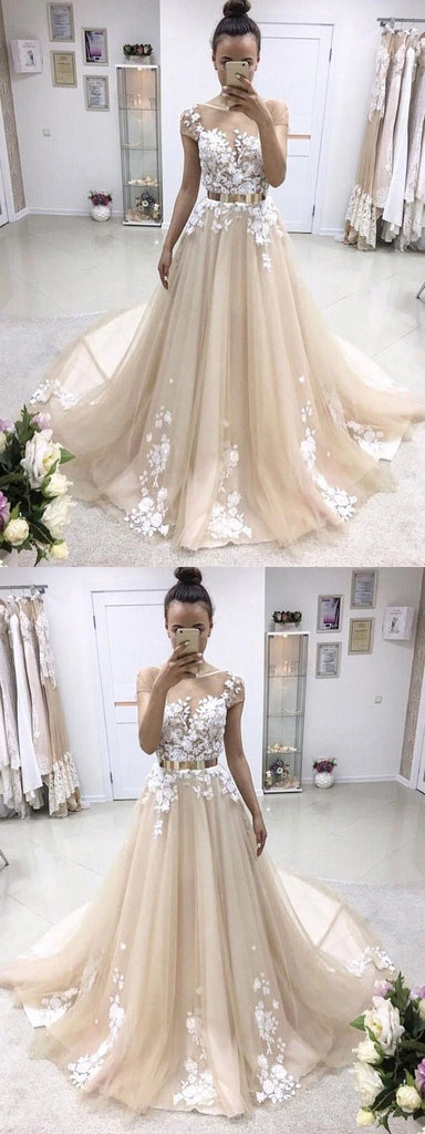 Short Sleeve Illusion Lace A-line Cheap Wedding Dresses Online, WD347