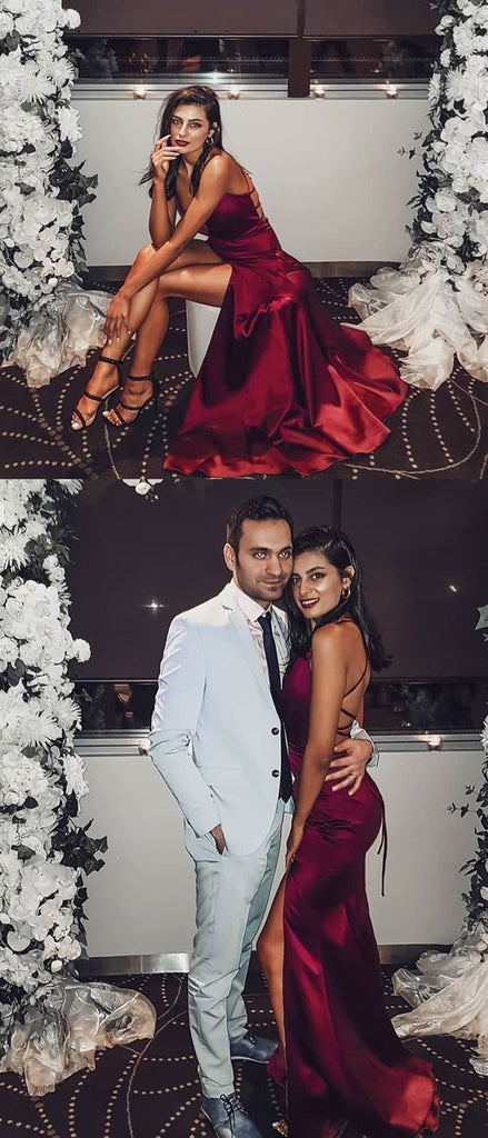 Simple Sexy Elegant Straps V Neck Mermaid Burgundy Prom Dresses,Long Evening Dress with Criss Cross Back, PD0979