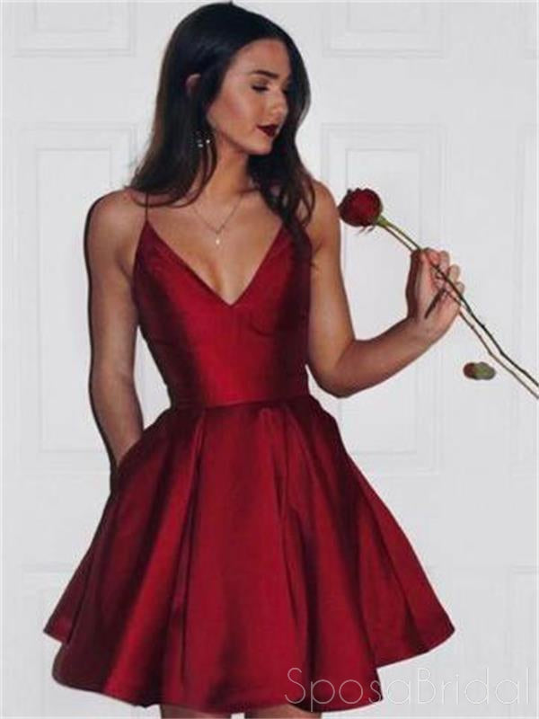 Simple Spaghetti Red Satin Short Prom Dresses, Homecoming Dresses, V-n SposaBridal Simple Spaghetti Red Satin Short Prom Dresses, Homecoming Dresses, V-n SposaBridal