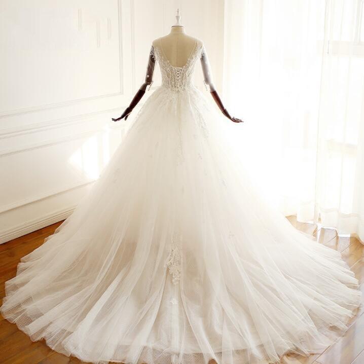 Sleeveless V Neck Tulle Beautiful Wedding Dresses, White Ivory Lace Up Back Bridal Gown, 2018 Spring Summer Bridal Wedding dress, WD0286