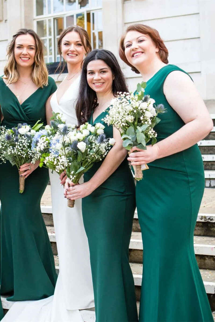 Sleeveless Emerald Green V-neck Sexy Mermaid Long Satin Bridesmaid Dresses, BD3277