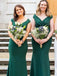 Sleeveless Emerald Green V-neck Sexy Mermaid Long Satin Bridesmaid Dresses, BD3277