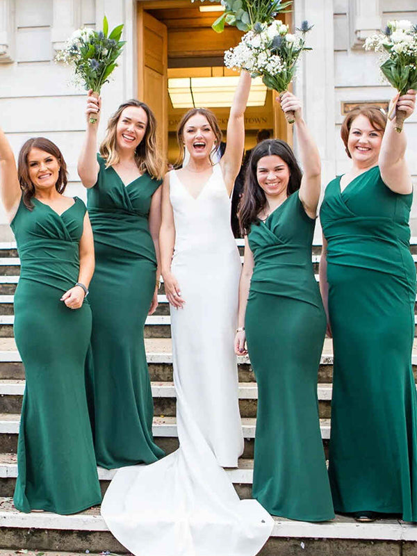 Sleeveless Emerald Green V-neck Sexy Mermaid Long Satin Bridesmaid Dresses, BD3277