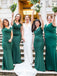 Sleeveless Emerald Green V-neck Sexy Mermaid Long Satin Bridesmaid Dresses, BD3277