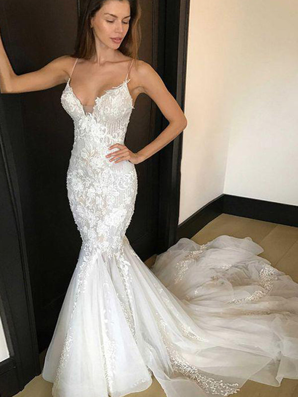 Luxury Spaghetti Straps Lace Mermaid Beach Long Wedding Dresses, WD0585