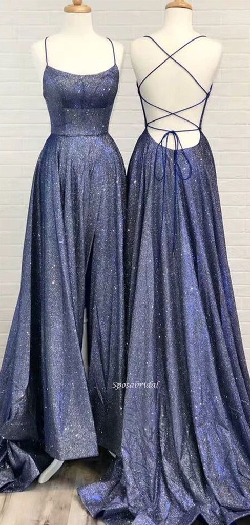 Spaghetti Straps Navy Blue Shinning Long Prom Dresses PD2284