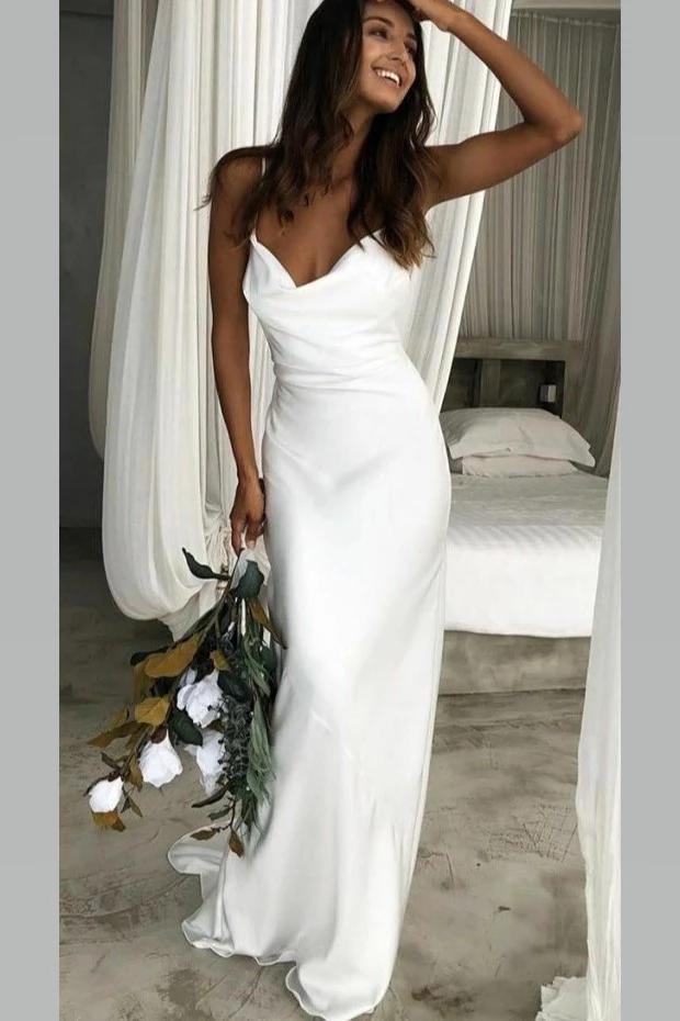 Sexy Backless Spaghetti Strap Elegant Simple Long Prom Dresses, Beach Wedding Dresses, PD1396