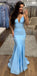 Spaghetti Straps Blue Mermaid Satin Long Simple Fshion Prom Dresses PD1416