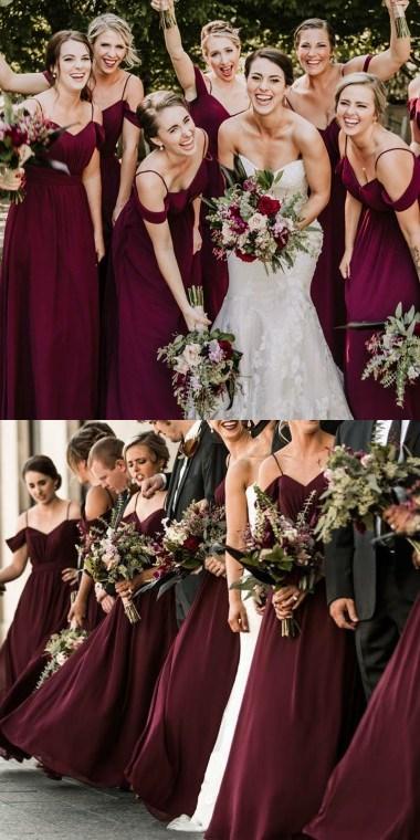 Spaghetti Straps Cheap Chiffon Off Shoulder Dark Burgundy Bridesmaid Dresses ,WG383
