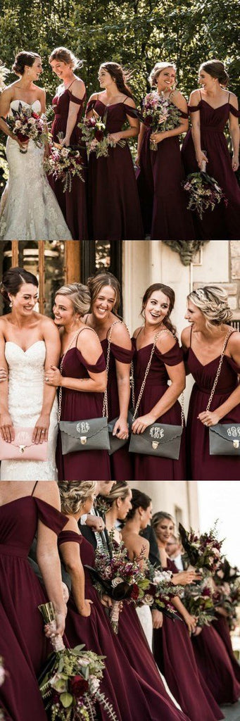 Spaghetti Straps Cheap Chiffon Off Shoulder Dark Burgundy Bridesmaid Dresses ,WG383