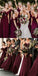 Spaghetti Straps Cheap Chiffon Off Shoulder Dark Burgundy Bridesmaid Dresses ,WG383