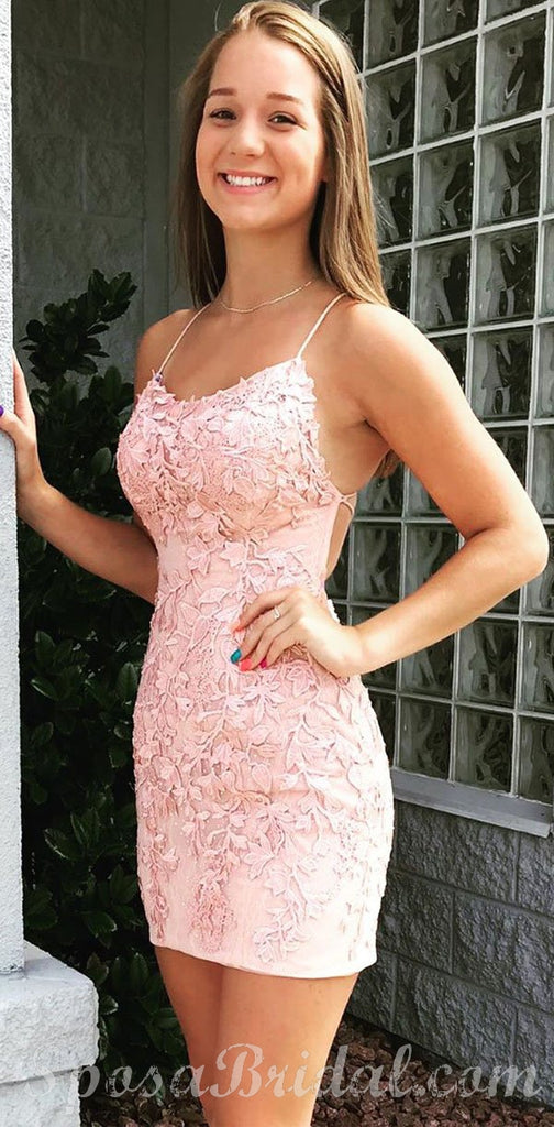 Spaghetti Straps Lace Appliques Pink Red Blue Yellow Mermaid Cute Homecoming Dresses, Short Popular Prom Dress,BD0417
