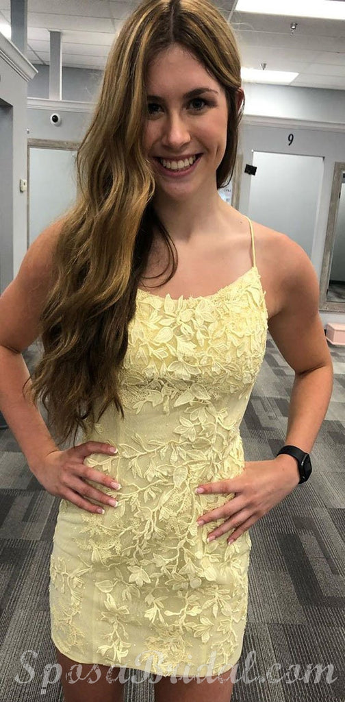 Spaghetti Straps Lace Appliques Pink Red Blue Yellow Mermaid Cute Homecoming Dresses, Short Popular Prom Dress,BD0417