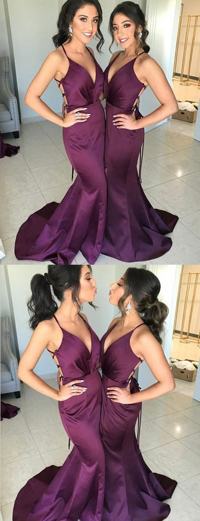Spaghetti Straps Long Purple Open Back Mermaid Modest Bridesmaid Dresses, WG391