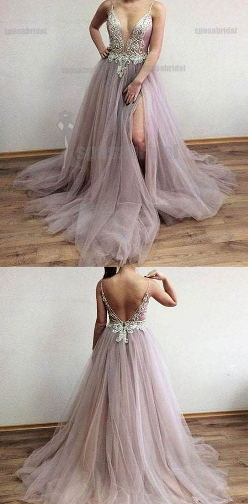 Spaghetti Straps Tulle Side Slit Fashion Popular Modest High Quality Prom Dresses, Evening dresses,  PD0589