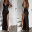 Sexy Sparkly Spaghetti Strap V-neck Side-slit Mermaid Black Long Prom Dress, PD1373