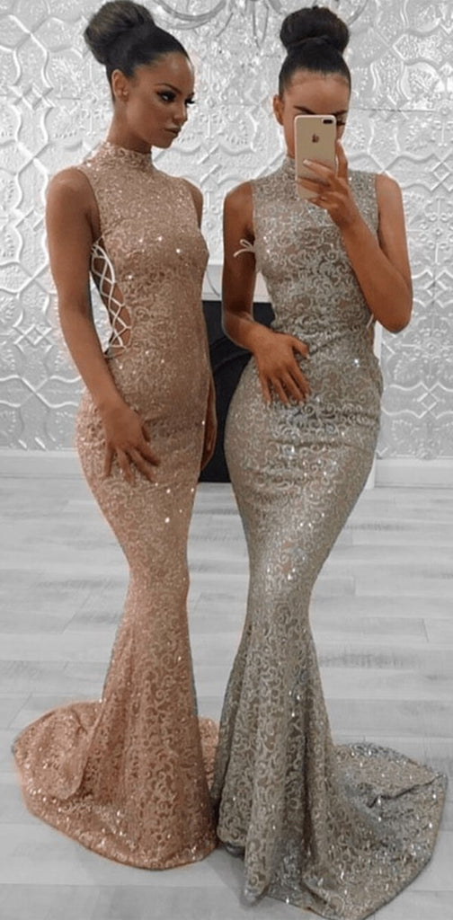 Sparkly High Neck Lace Mermaid Fashion Trend Modest Elegant Formal Long Prom Dresses,PD1207