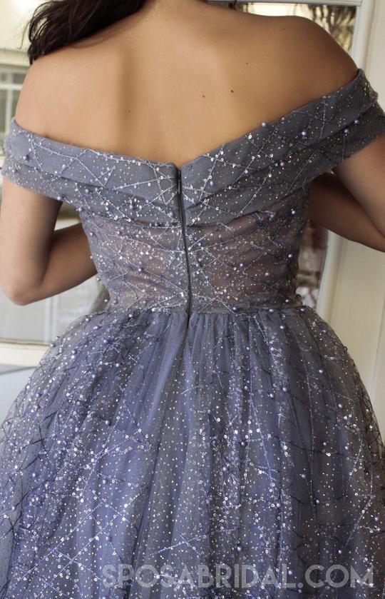 Sparkly Shinning Blue Sequin Off the Shoulder Long A Line Prom Dresses, Evening Dress, PD1136