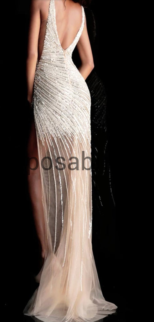 Sparkly V-Neck Mermaid Side Slit Long Unique Design Modest Prom Dresses PD1915