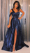 Sparkly One-shoulder Navy Blue Slit A-line Long Prom Dress, PD3330