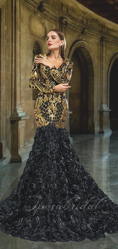 Luxurious Long Sleeves V-neck Gold Lace Black-rose Trumpet Mermaid  Long Prom Dress, PD3575