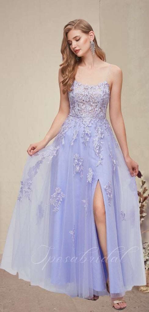 Lavender Spaghetti Straps Open Back Criss Cross Side-slit A-line Prom Dress, PD3570