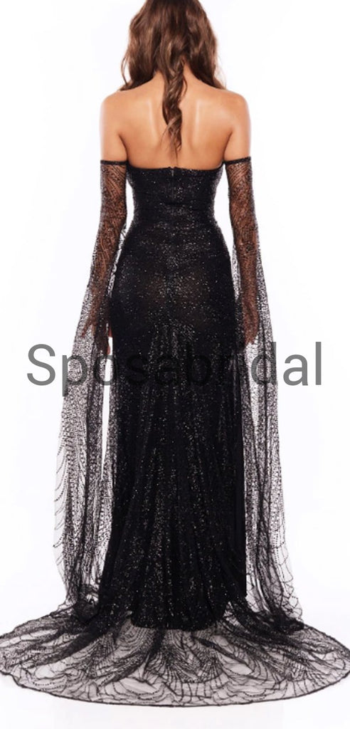Strapless Long Sleeves Black Side Slit Mermaid Sexy Modest Simple Prom Dresses PD1917