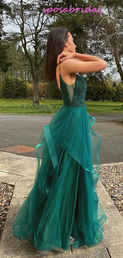 Charming Sweetheart Spaghetti Strap Sequin Organza Prom Dresses, PD3051