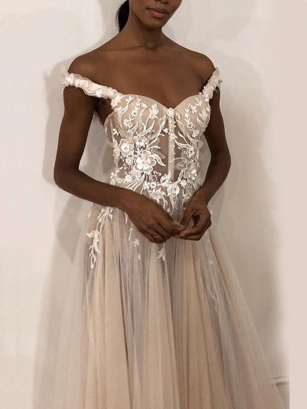 Sweetheart Unique Off the Shoulder Ivory A-line Long Beach Wedding Dress, WD0587