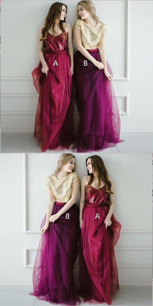 Two Pieces Tulle  Sequin Sparkly Pretty Young Spaghetti Straps Dark Red Gold Burgundy Bridesmaid Dresses, WG276