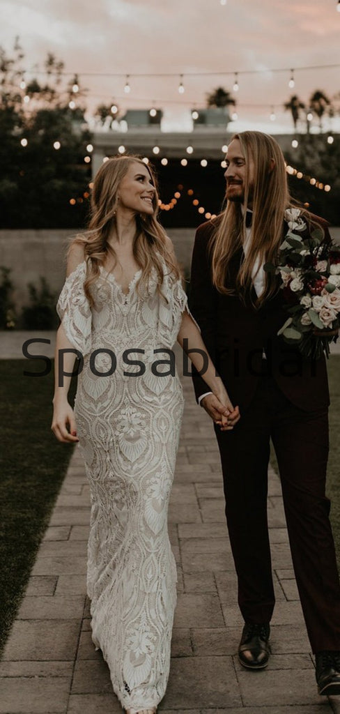 Unique Full Lace Vintage  Chic Exquisite Beach Long Wedding Dresses WD0557