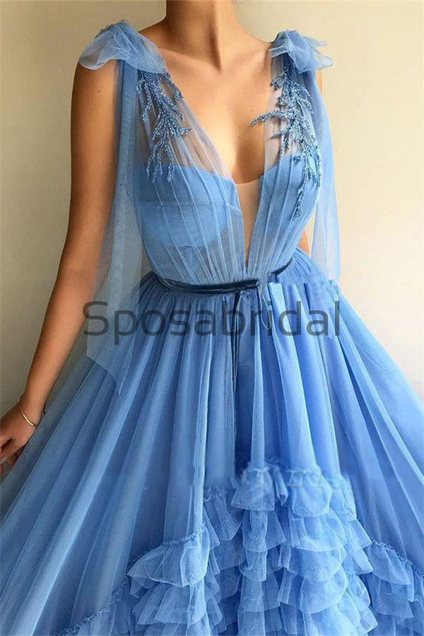 Unique A-line Blue Tulle V-Neck Modest Prom Dresses PD2122