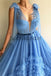 Unique A-line Blue Tulle V-Neck Modest Prom Dresses PD2122