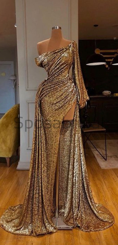 Unique Design Gold One Shoulder Side Slit Fashion Modest Mermaid Prom Dresses PD1457