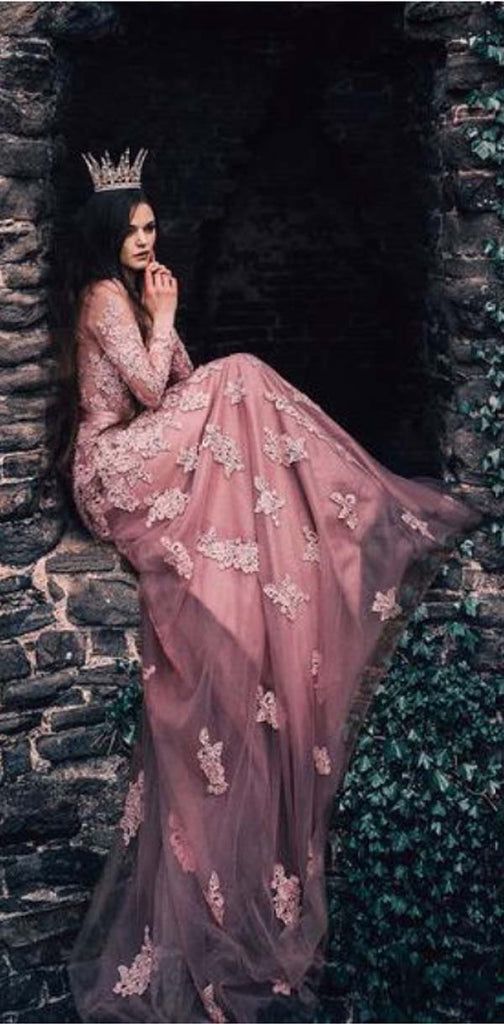 Unique New  Round Neck Formal Modest Long Sleeves A-line Prom Dresses With Lace Appliques,PD1346