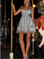 Sparkly Silver Grey Sequin A-line Spaghetti Strap Short Homecoming Dresses, BD0421