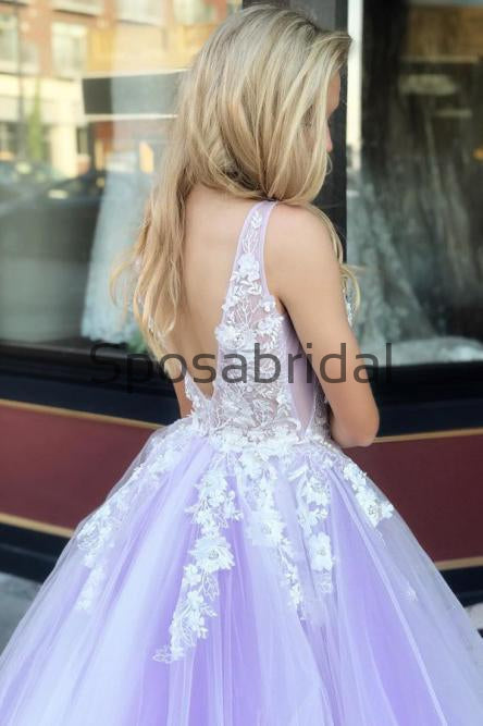 V-Neck Appliques Pink Tulle Long Formal Prom Dresses PD2179