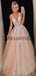 V-Neck Appliques Pink Tulle Long Formal Prom Dresses PD2179