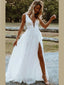 Sexy V-Neck Side-slit Lace Long Beach Wedding Dresses, WD0590