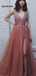 Charming V-neck Spaghetti Strap Sequins, Tulle A-line Prom Dresses, PD3010