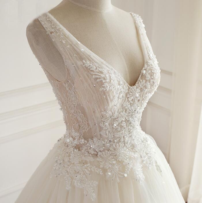 V Neck Tulle Ivory Lace Weeding Dresses with beads, Floor-length Lace Up Back Formal Bridal Gowns, WD0294