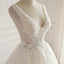 V Neck Tulle Ivory Lace Weeding Dresses with beads, Floor-length Lace Up Back Formal Bridal Gowns, WD0294