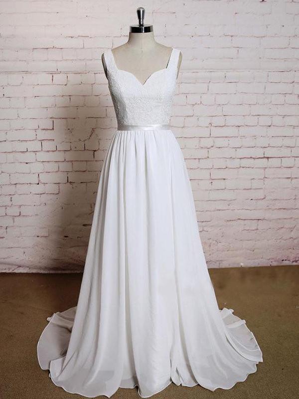 Backless V Neck Lace Straps Simple Cheap Beach Wedding Dresses, WD324 - SposaBridal