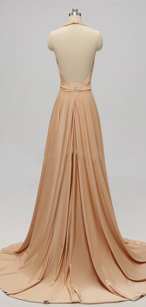 Elegant A-line Sexy V Neck Gold Long Modest Side-slit Bridesmaid Dress, WG239