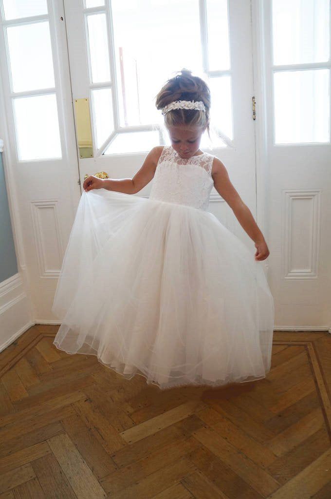 White Sleeveless Scoop Lace Newest Lovely Popular Flower Girl Dresses, FG00114