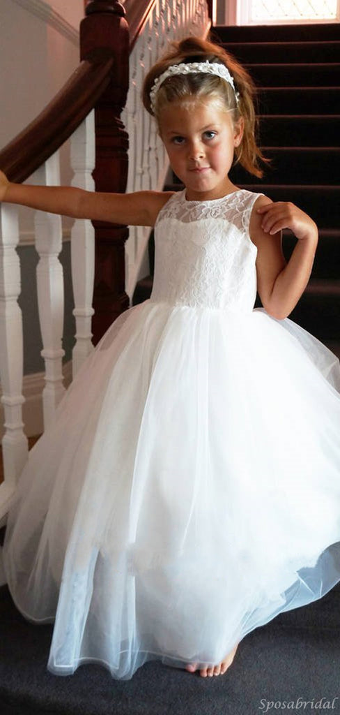 White Sleeveless Scoop Lace Newest Lovely Popular Flower Girl Dresses, FG00114
