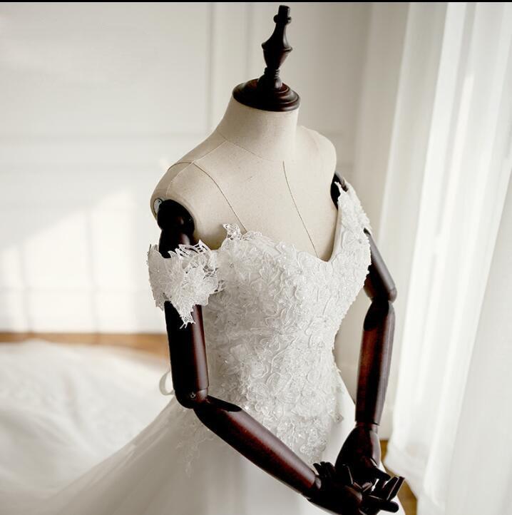 White Off Shoulder Long Affordable Wedding Dresses, Real Made Cheap High Quality Bridal Gowns With Train, WD0297