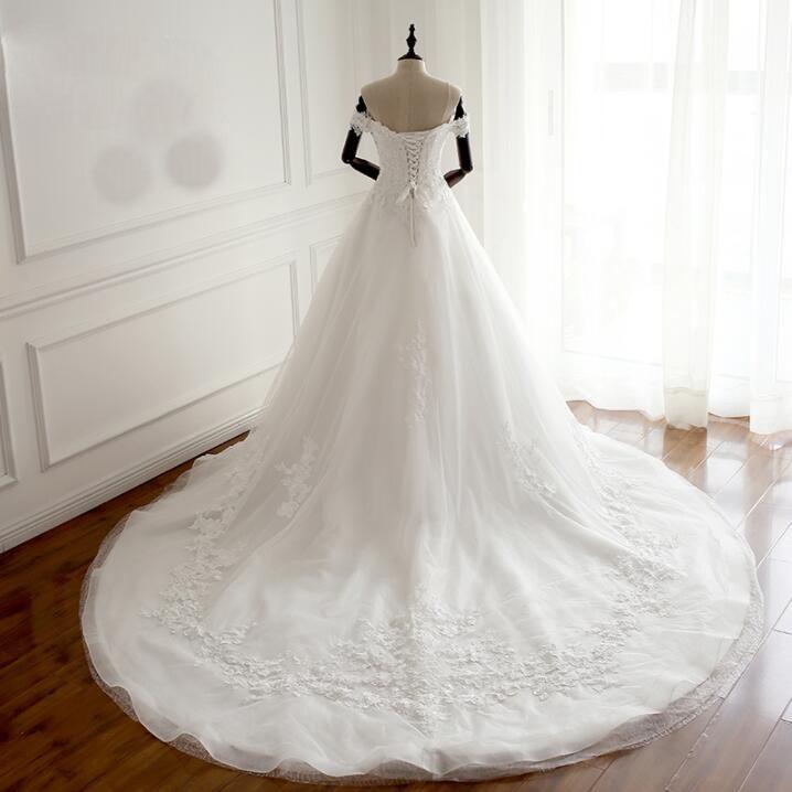 White Off Shoulder Long Affordable Wedding Dresses, Real Made Cheap High Quality Bridal Gowns With Train, WD0297