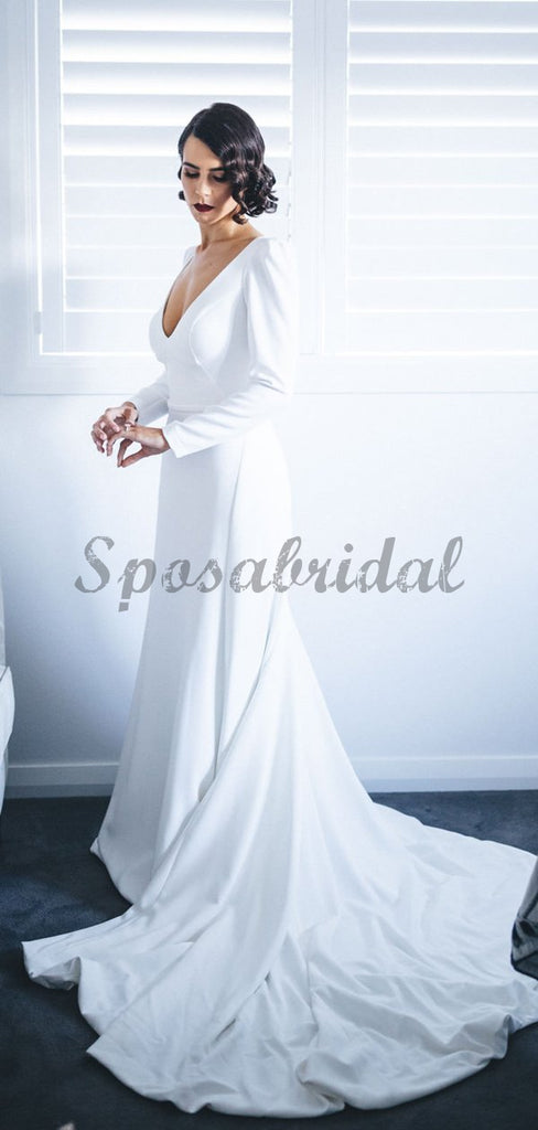 White Satin Long Sleeve V-neck With Train Simple Wedding Dresses WD370